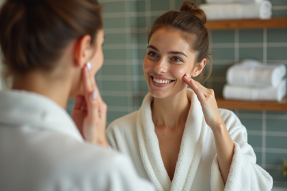Femme en peignoir se massant le visage devant miroir