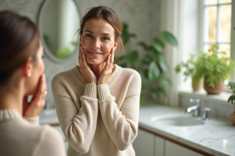 Femme se massant le visage dans une salle de bain lumineuse