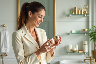 Femme élégante examinant un pot de soin visage luxe