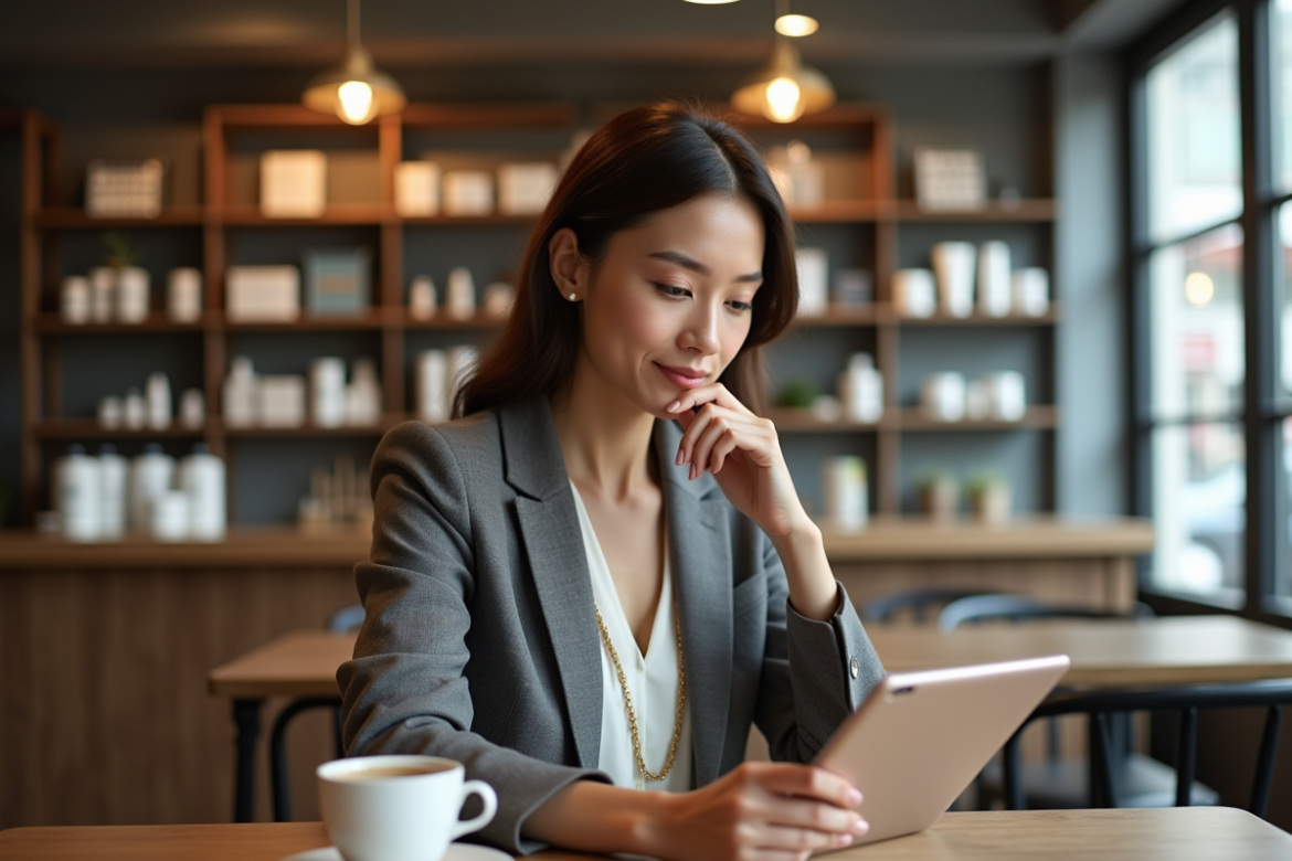 Femme élégante utilisant une tablette pour choisir des soins de peau