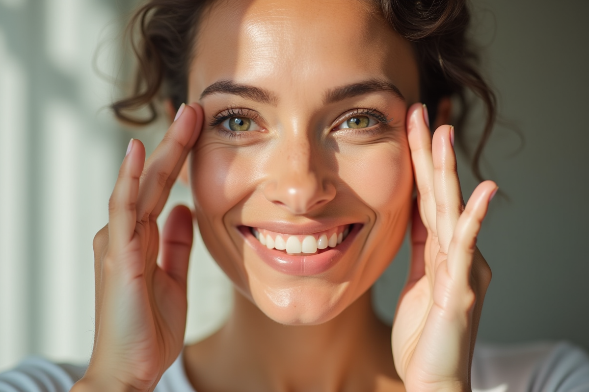 Femme souriante appliquant soin autour des yeux