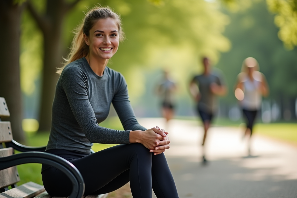 Femme sportive assise sur un banc dans un parc après l