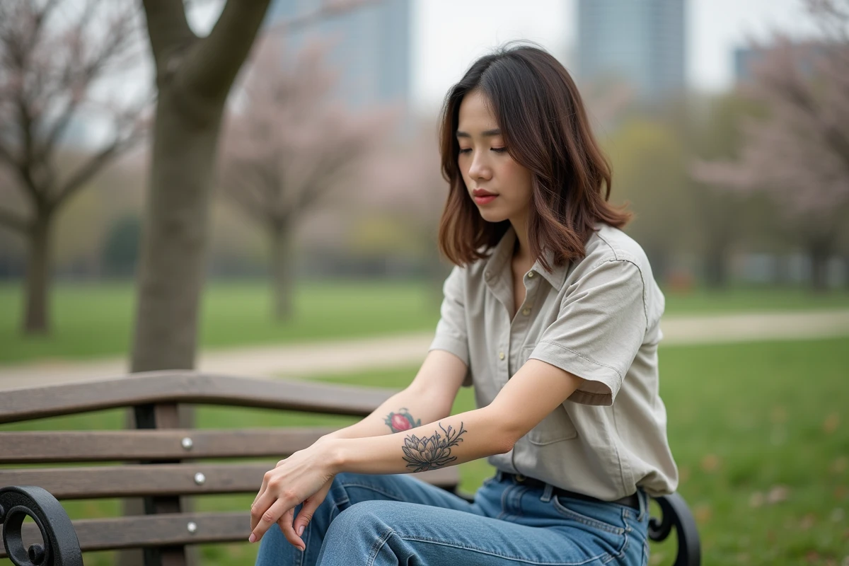 Jeune femme avec tatouage lotus et cerisiers dans un parc