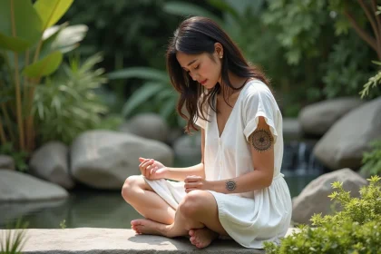 Jeune femme méditant avec tatouage solaire dans un jardin