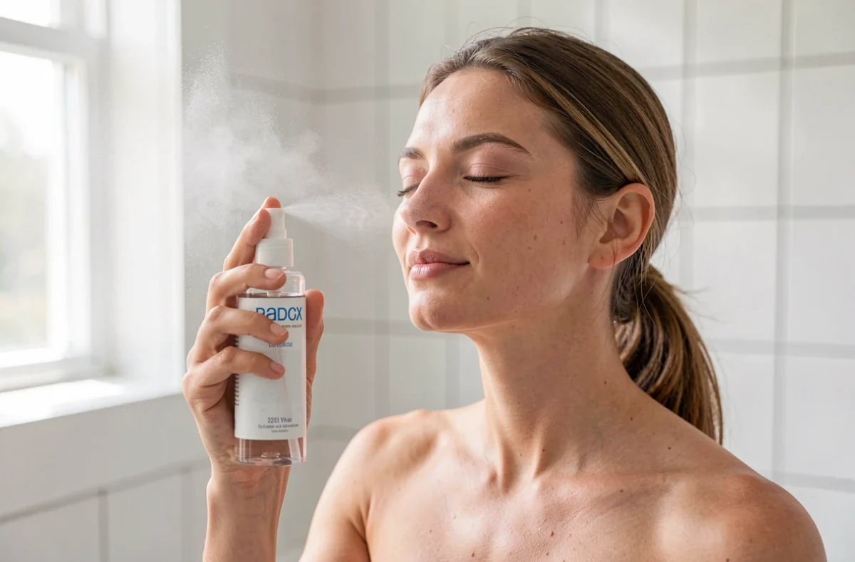Femme vaporisant une brume sur son visage, yeux fermés