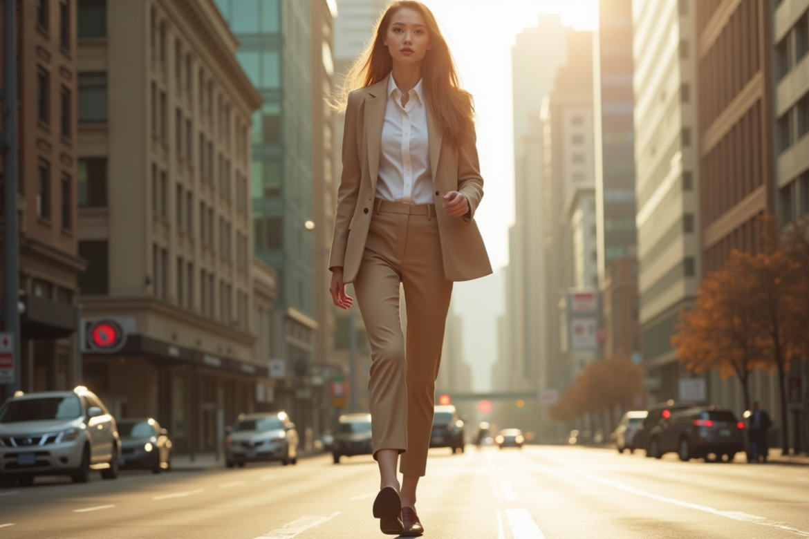 Jeune femme marchant dans la ville en blazer chic