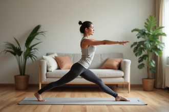Femme en yoga dans un salon calme et lumineux