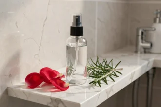 Flacon de brume pour le visage posé près de pétales de rose et de romarin