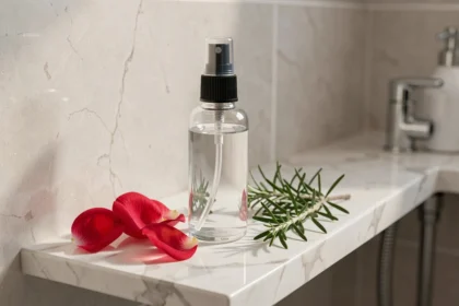 Flacon de brume pour le visage posé près de pétales de rose et de romarin