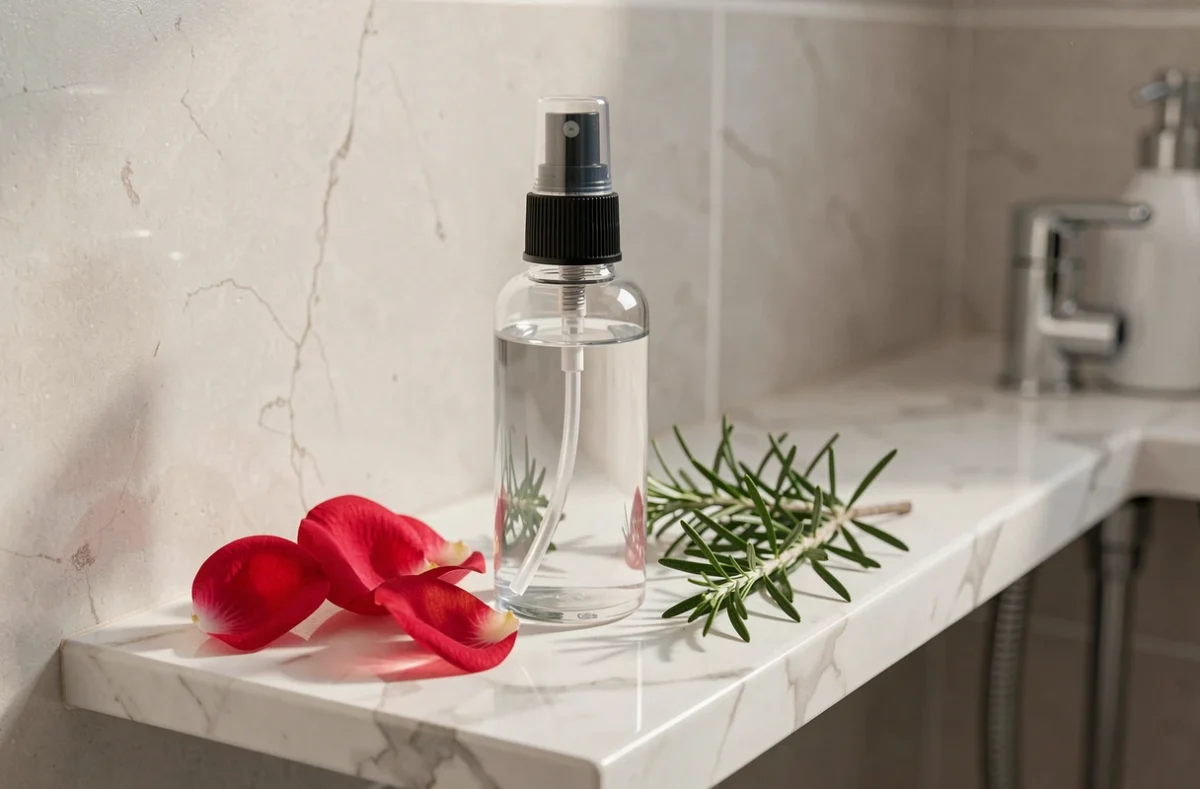 Flacon de brume pour le visage posé près de pétales de rose et de romarin