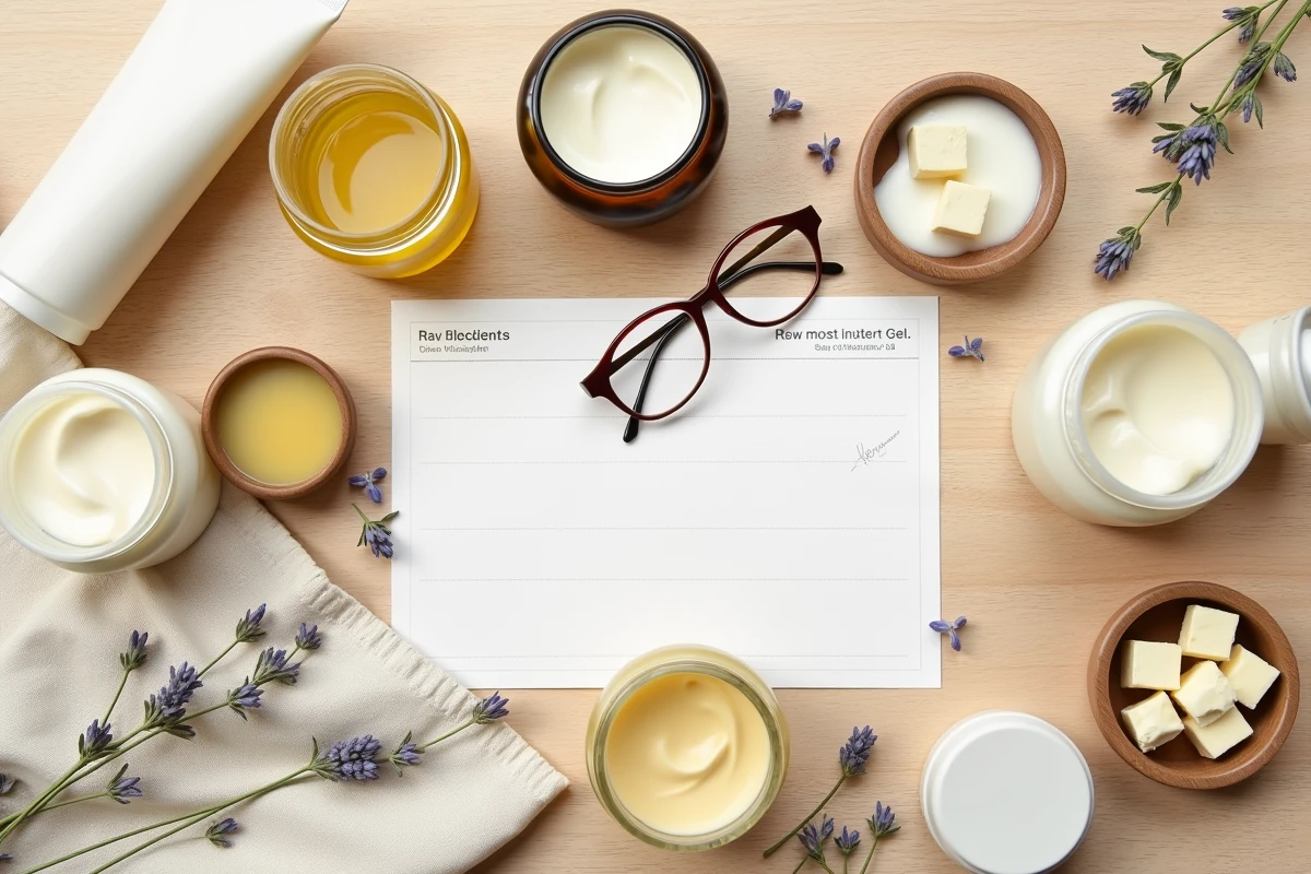 Flat lay de crèmes coiffantes pour cheveux bouclés avec ingrédients naturels comme le beurre de karité et l'aloe vera