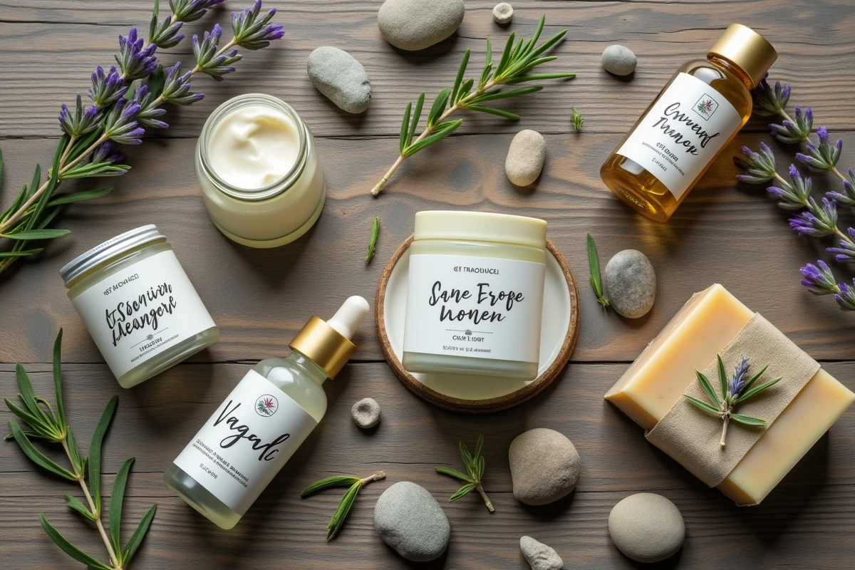 Produits de soin bio La Provençale en flat lay avec lavande et romarin sur bois vieilli, esthétique éditoriale naturelle