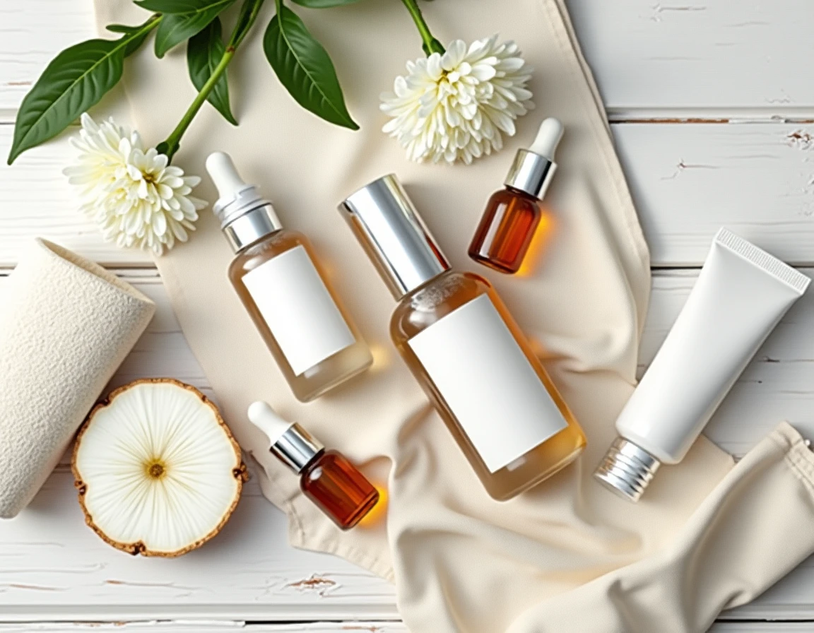 Flat lay de produits de soin Filorga disposés sur un tissu lin crème avec fleurs blanches et serviette coton pour un rendu éditorial beauté