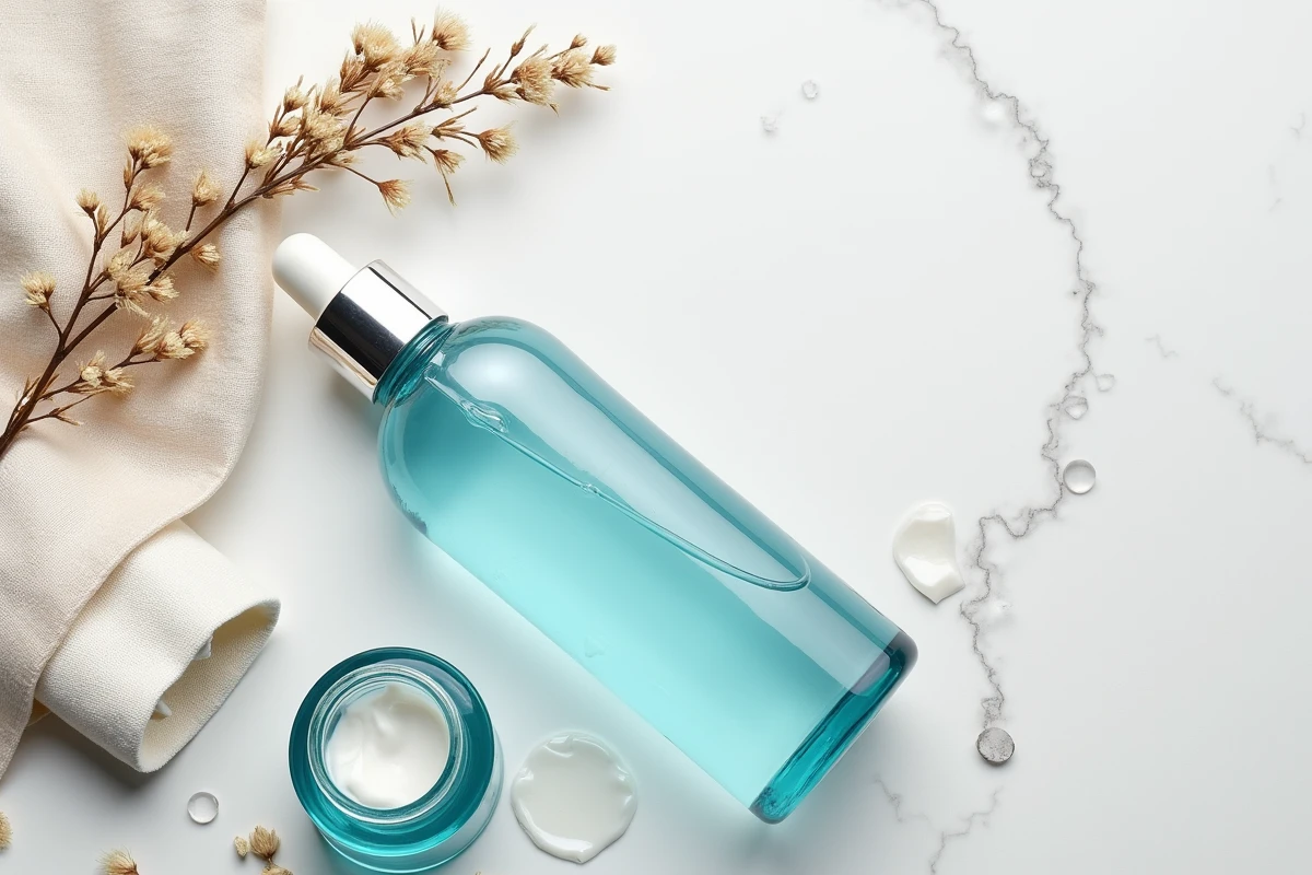 Flat-lay de produits de soin contre l'acné hormonale et la pollution dont une bouteille style Eau Précieuse sur surface en pierre