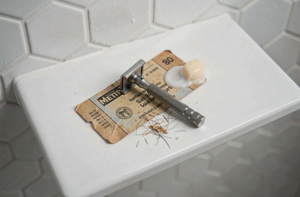 Gros plan flat lay d'un ticket de métro usé et d'un rasoir de sûreté posés sur une étagère de salle de bain en céramique blanche