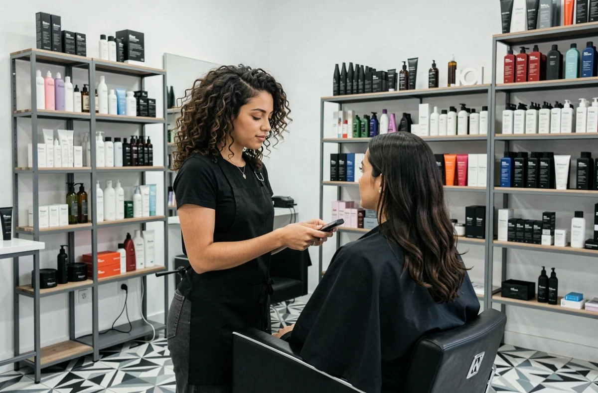 Styliste de Frisstyle à Montpellier en consultation avec une cliente dans un salon contemporain et urbain