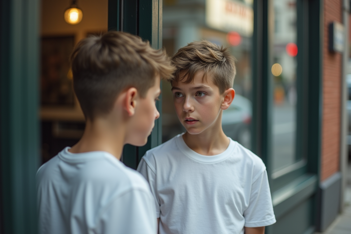 Garçon regardant sa coupe de cheveux dans la vitrine