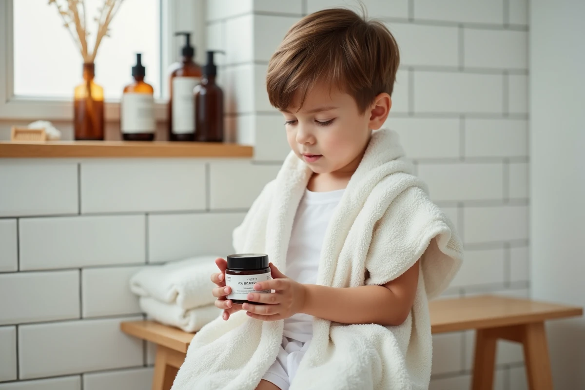 Jeune garçon en salle de bain tenant un pot de crème coiffante, illustrant le choix de produits coiffants adaptés aux enfants