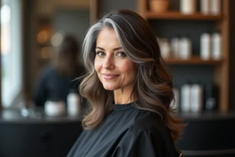 Femme brune dans la quarantaine avec un grey blending naturel aux tempes, assise dans un salon de coiffure moderne