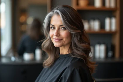 Femme brune dans la quarantaine avec un grey blending naturel aux tempes, assise dans un salon de coiffure moderne