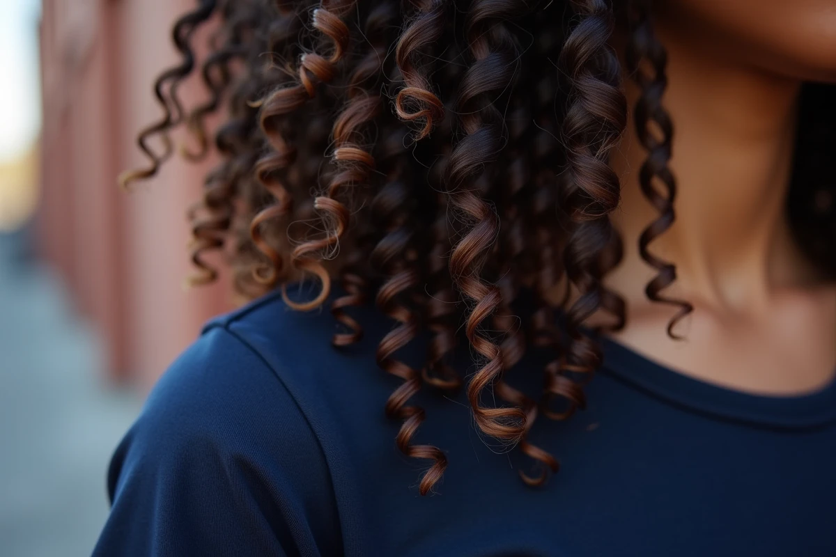 Gros plan macro sur des boucles 3C brillantes et définies après application d'un traitement Olaplex réparateur