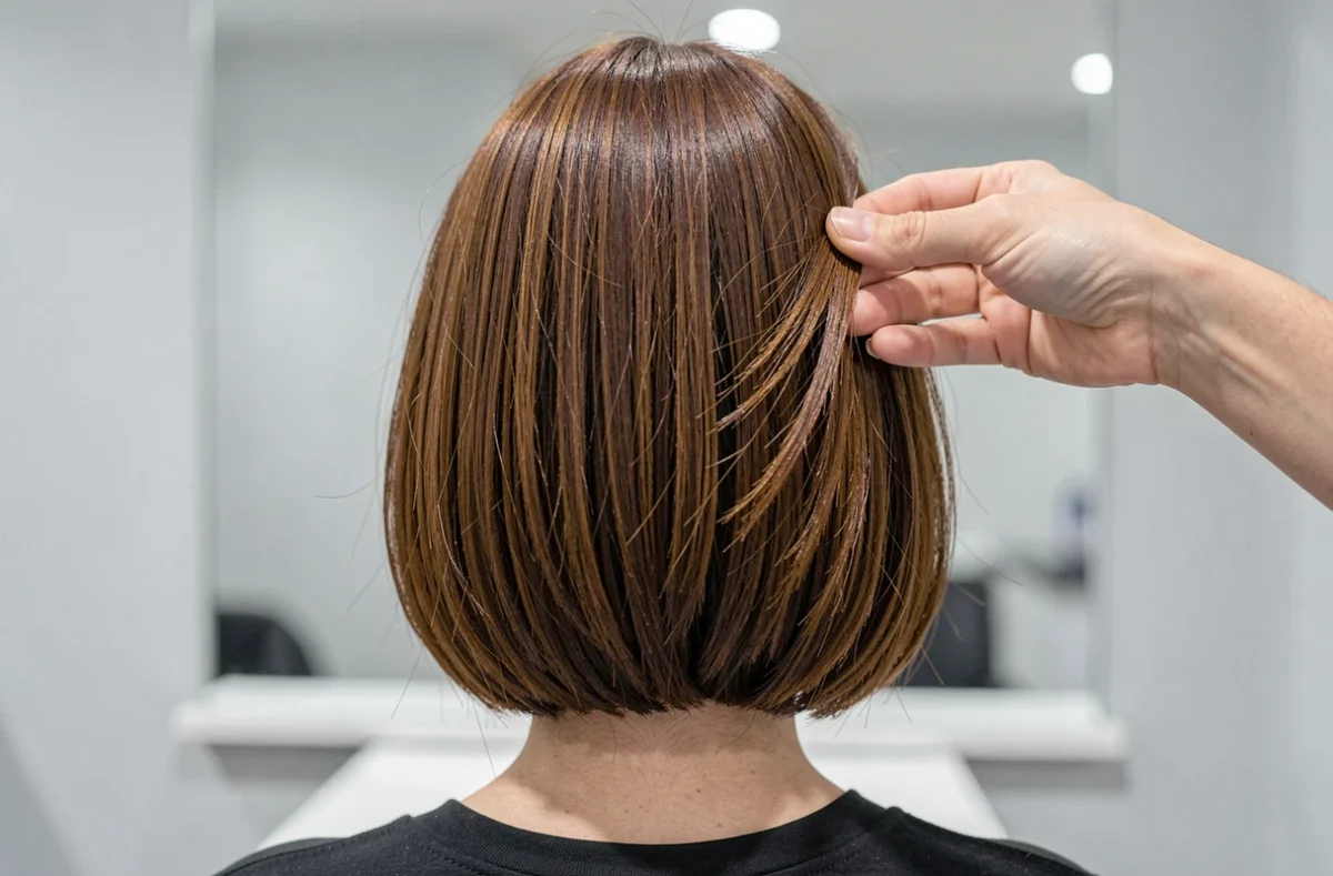 Gros plan vue de derrière d'un carré dégradé sur cheveux châtains épais, mains du coiffeur révélant la nuque légère et la graduation précise en salon