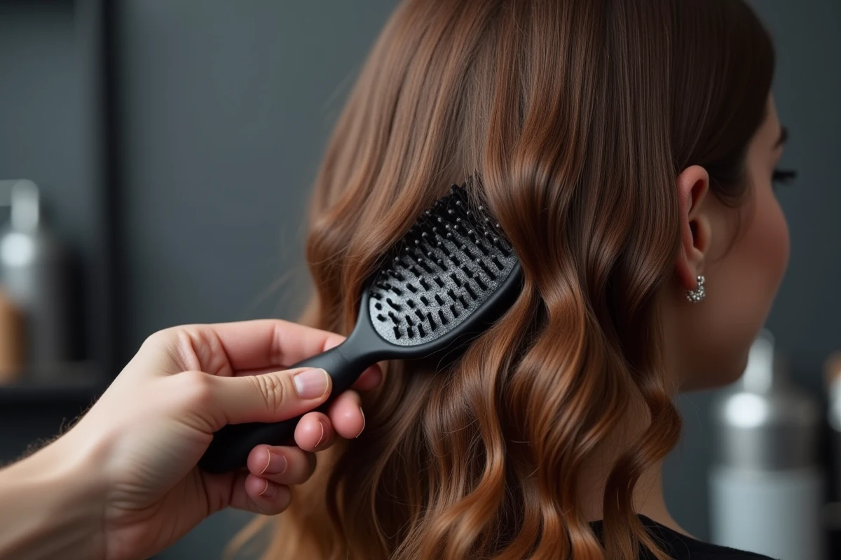 Gros plan sur des cheveux ondulés avec effet mousseux brossés par une brosse à soies de sanglier dans un salon de coiffure professionnel