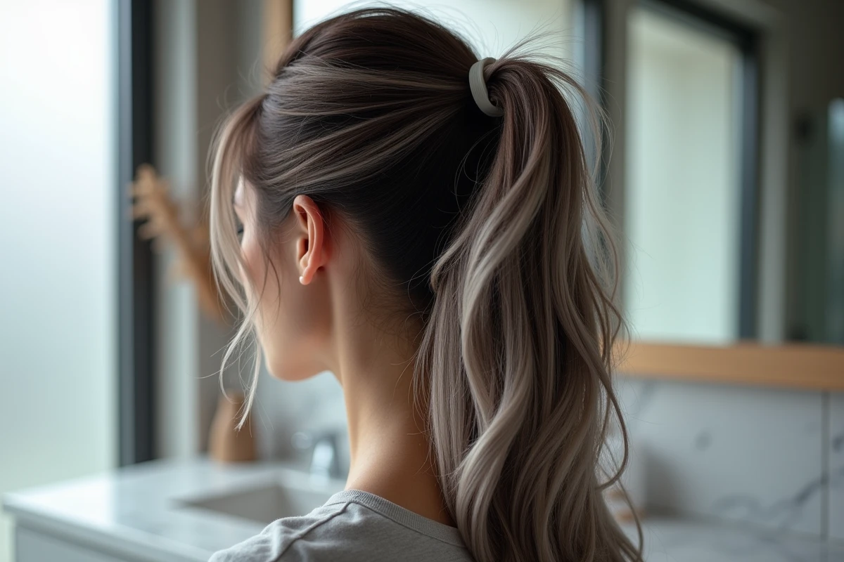 Gros plan sur un grey blending soigné mêlant argent naturel et brun profond sur cheveux mi-longs relevés