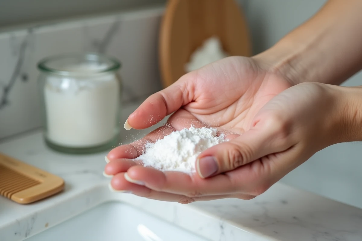 Gros plan sur des mains tenant du gel en poudre pour cheveux avec des particules fines visibles dans l'air