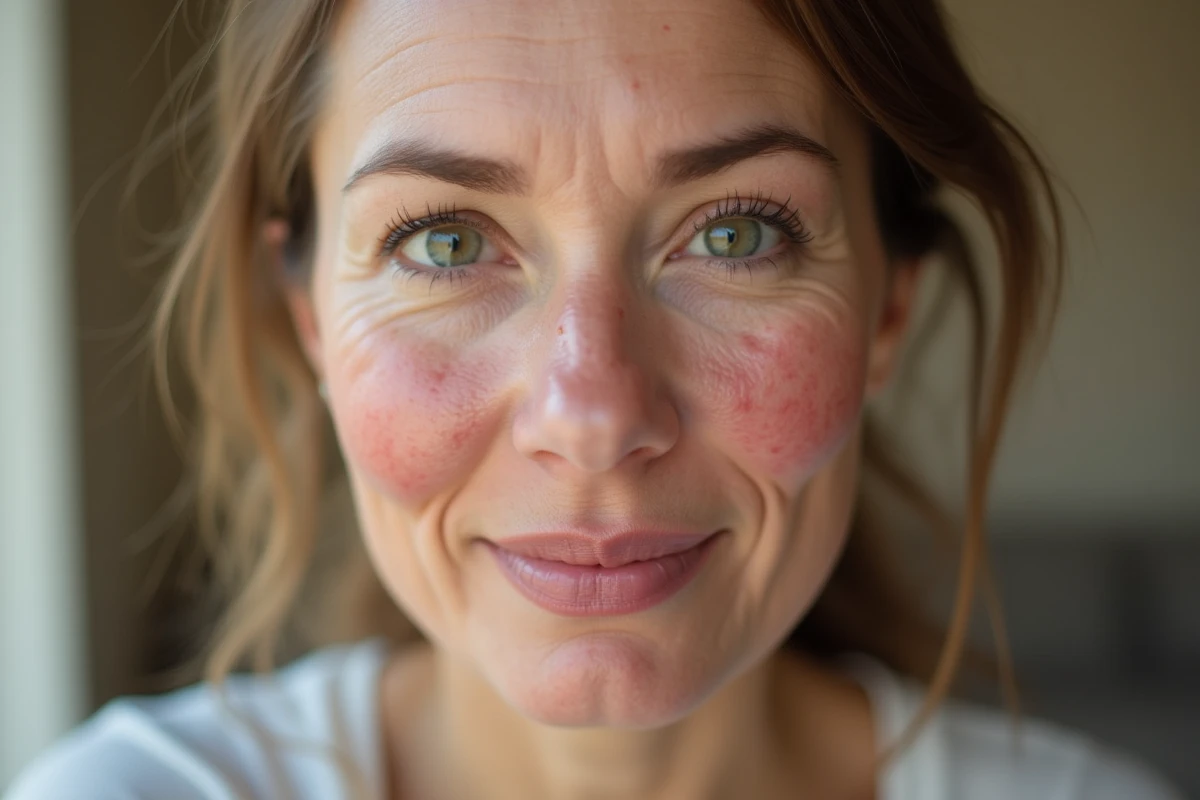 Gros plan sur une peau avec rosacée et rougeurs diffuses sur les joues et le nez sans maquillage