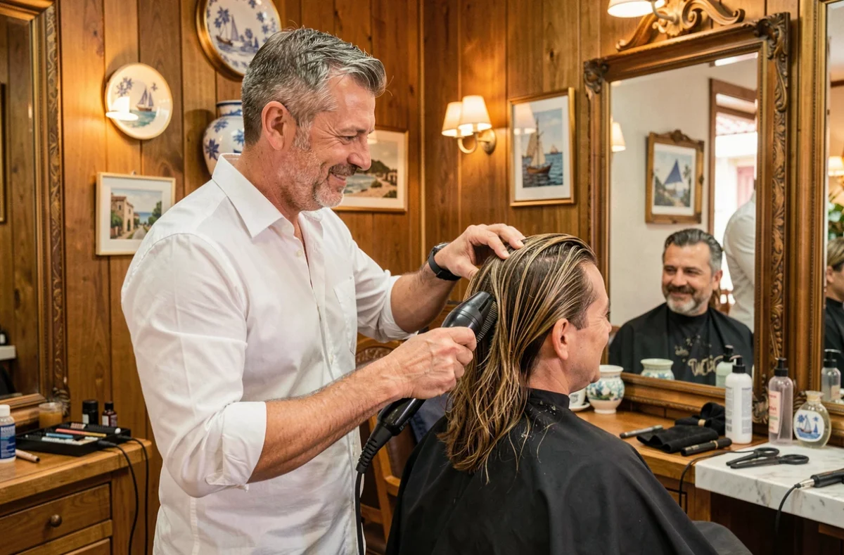 Guillaume coiffeur à Frontignan séchant les cheveux d'une cliente dans son salon chaleureux