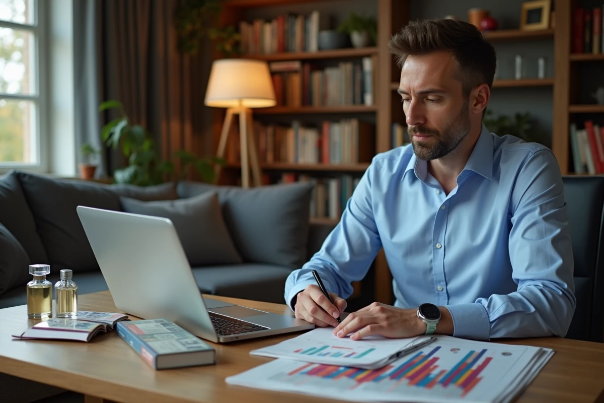 Homme à la maison note en regardant des catalogues de parfums