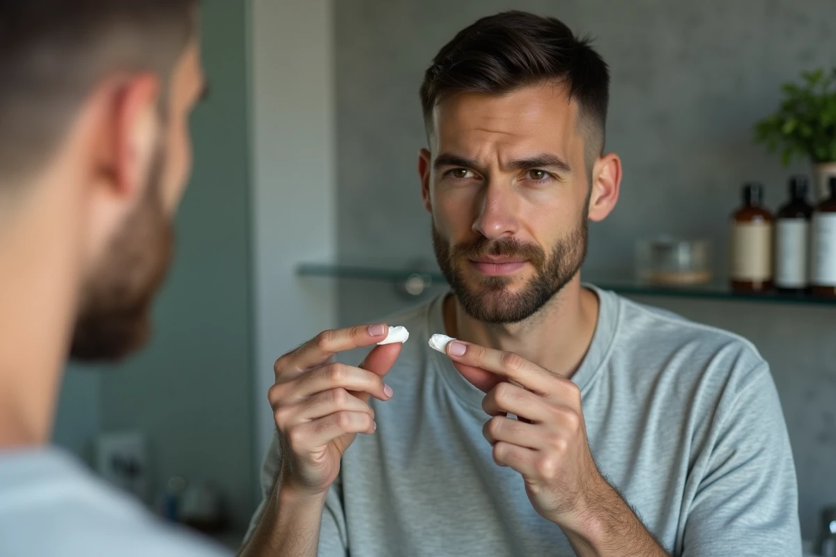 Homme adulte appliquant une pommade coiffante mate entre ses doigts devant un miroir de salle de bain moderne