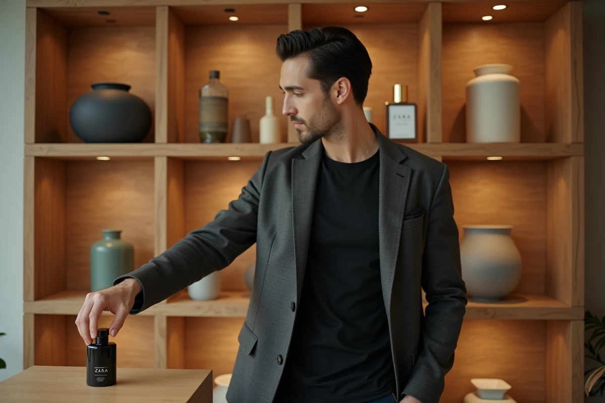 Homme élégant en blazer choisissant un parfum Zara sur une étagère en bois, sélection de dupes fragrances masculines