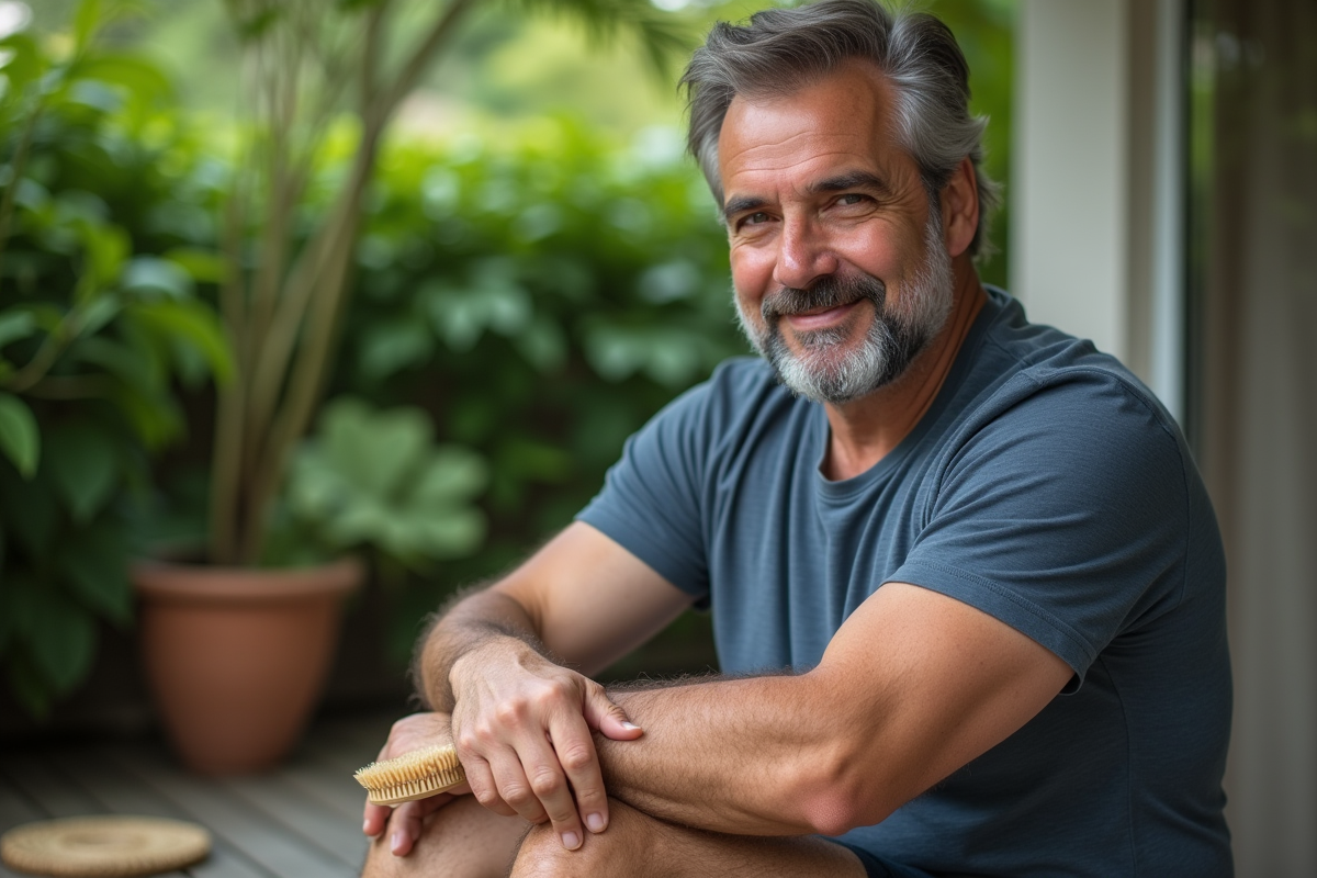 Homme utilisant une brosse pour le corps en extérieur