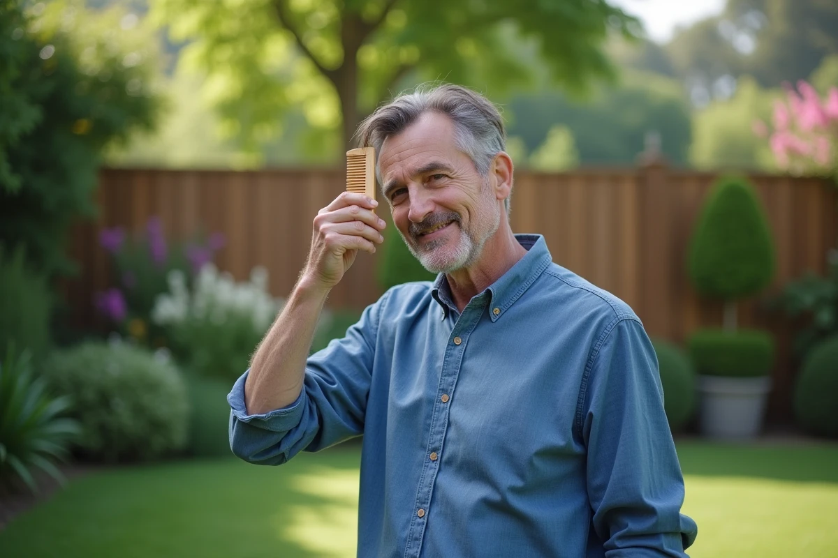 Homme coiffant ses cheveux dans un jardin naturel