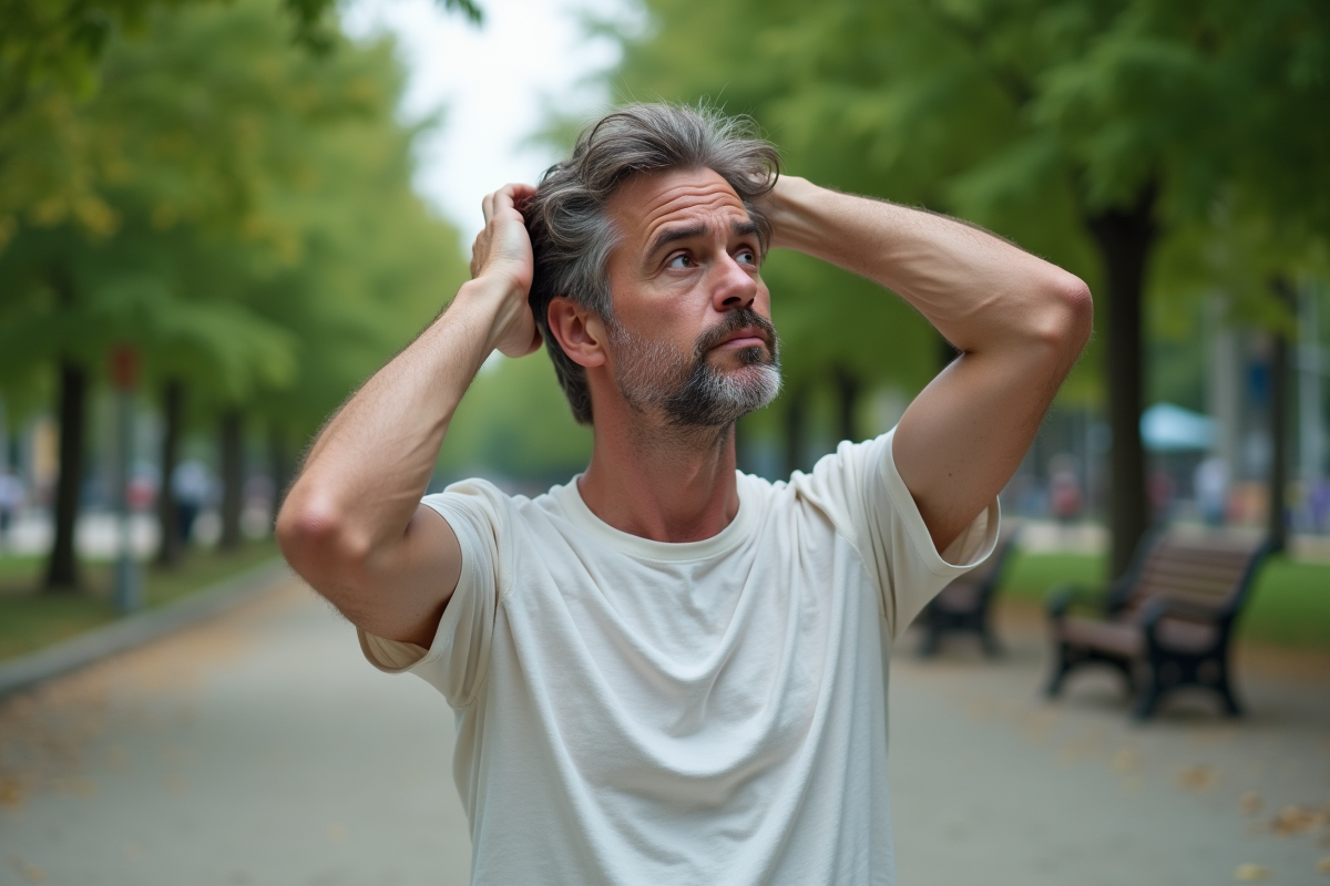 Homme dans un parc urbain touchant ses cheveux