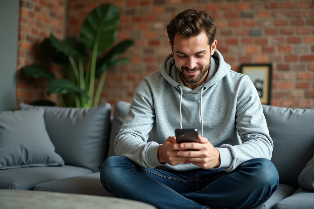Homme cherchant un code promo discret sur son smartphone dans un salon moderne