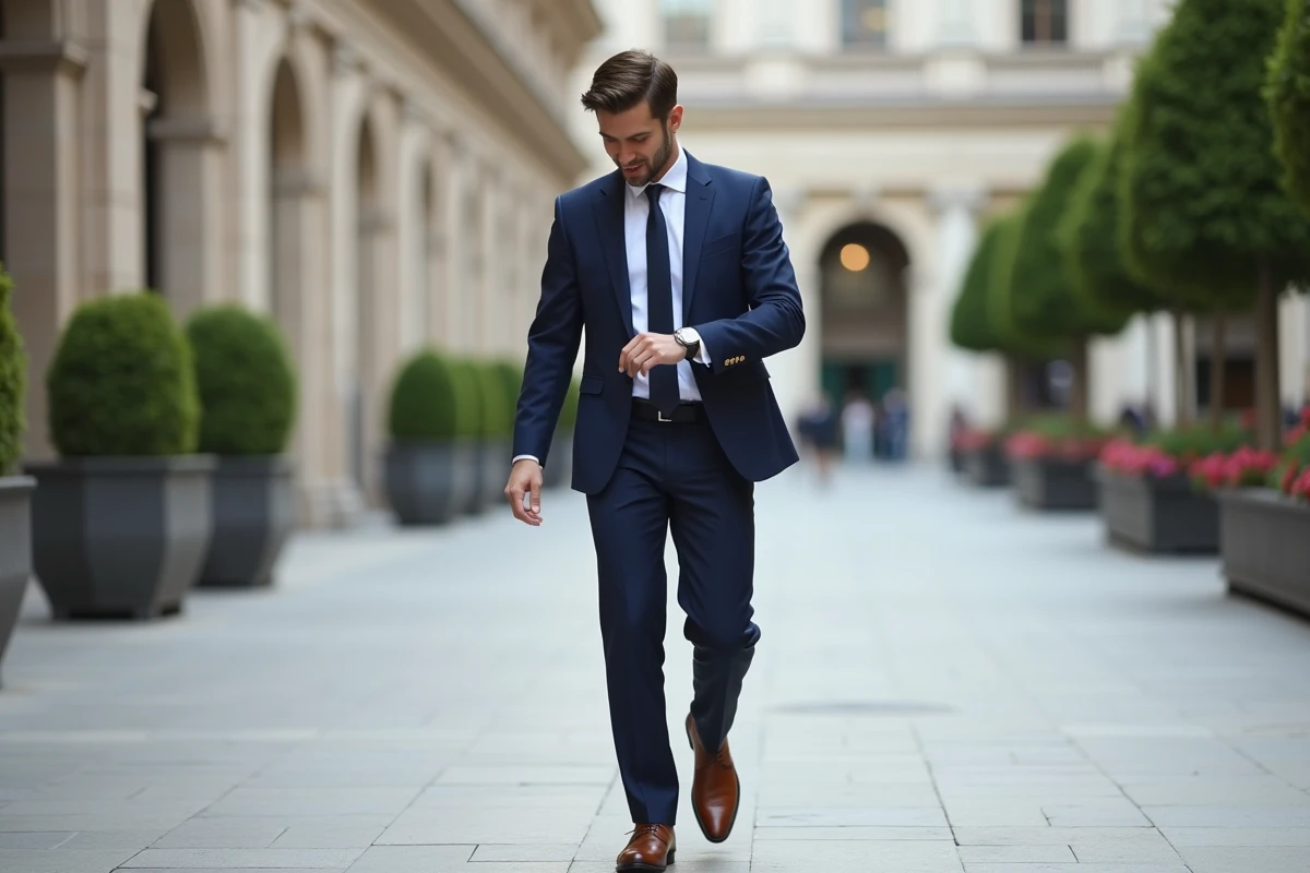 Homme en costume navy marchant dans une place urbaine