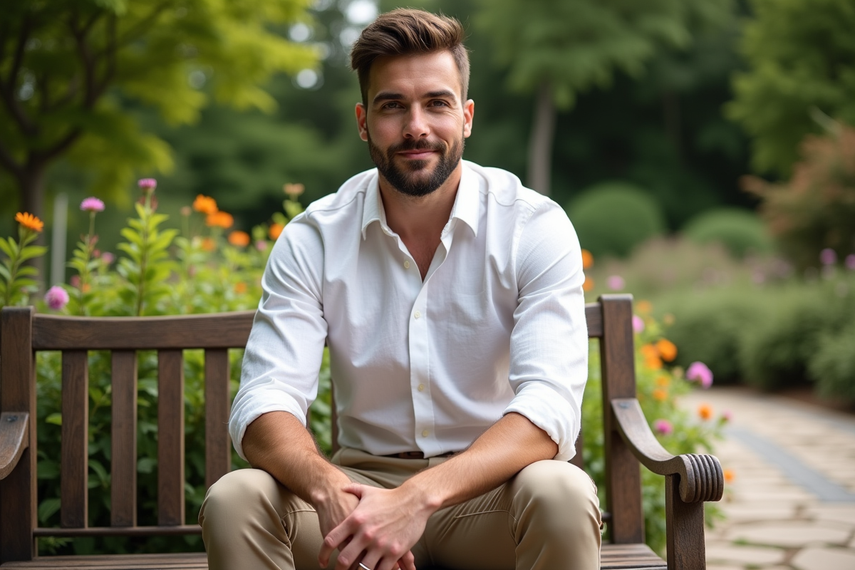 Homme charismatique en chemise dans un jardin verdoyant
