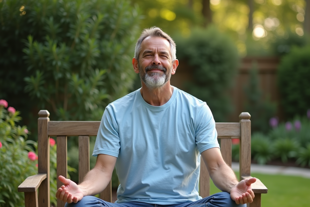Homme pratiquant le yoga facial dans un jardin en fin d