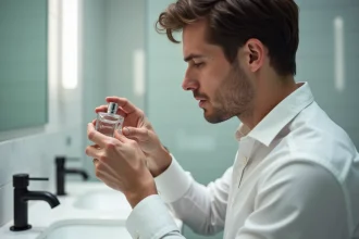 Homme tenant un flacon de parfum Zara en verre devant son visage dans une salle de bain moderne, comparaison de dupe masculin