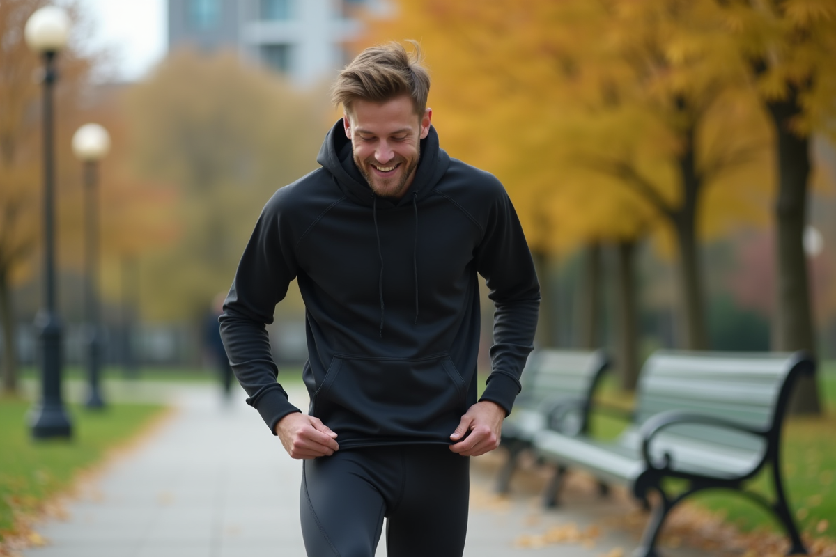 Jeune homme en leggings dans un parc urbain en action