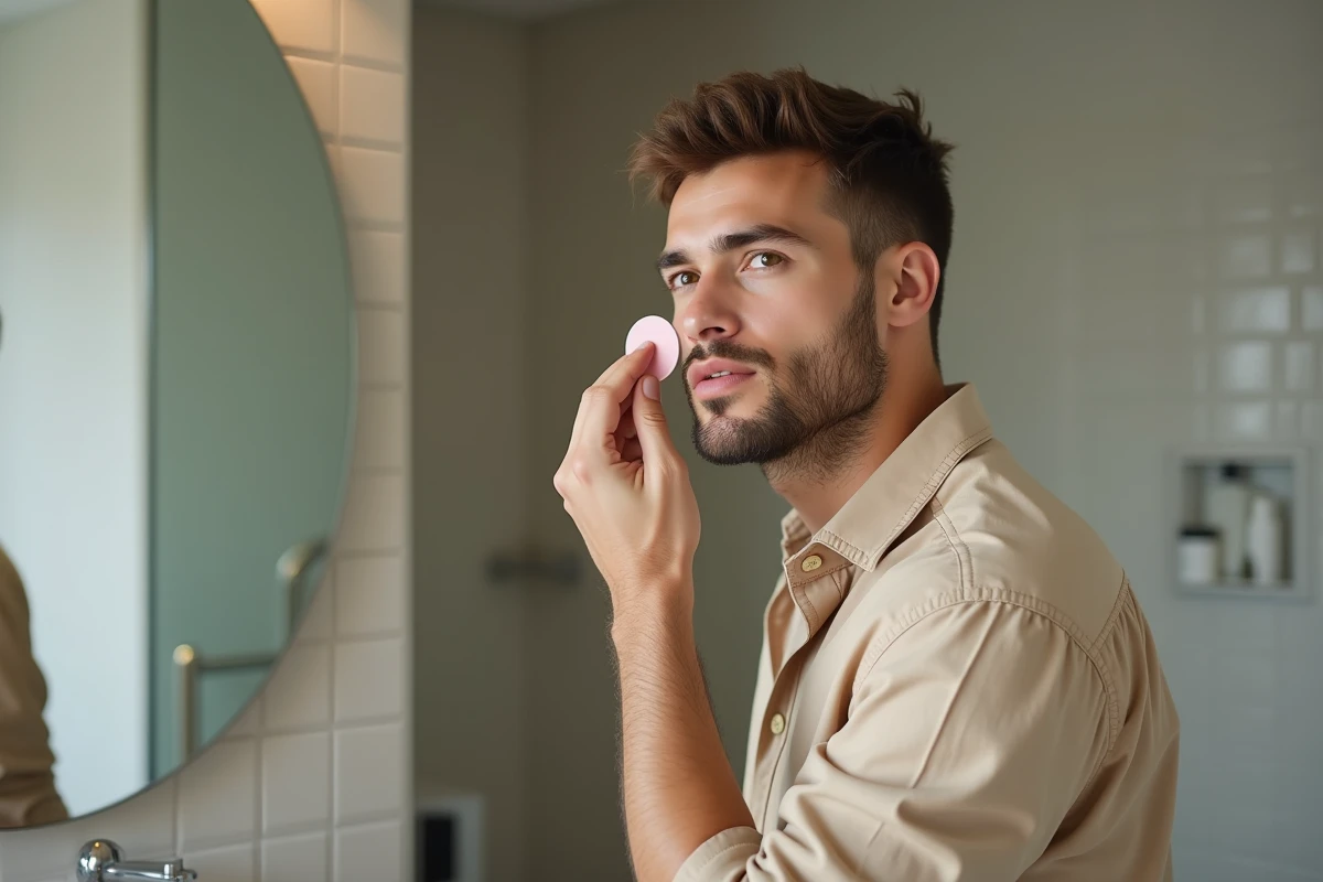 Jeune homme appliquant du fond de teint dans la salle de bain