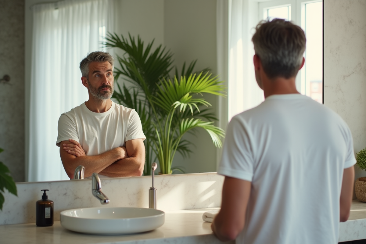 Homme regardant ses cheveux dans le miroir de la salle de bain