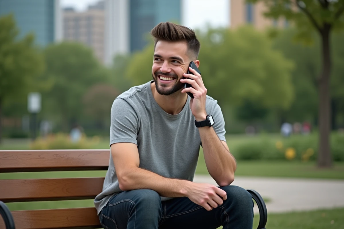 Homme décontracté parlant au téléphone dans un parc