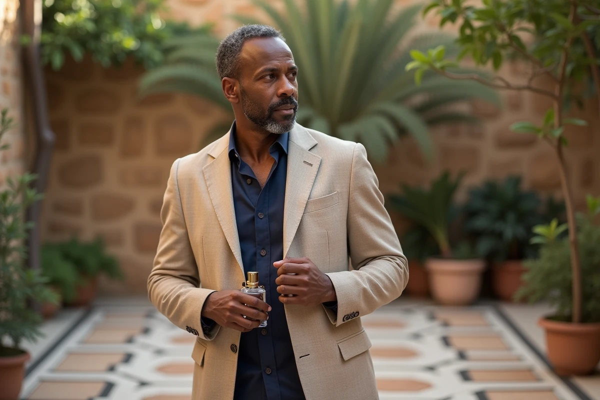 Homme méditerranéen avec parfum dans un patio ensoleille