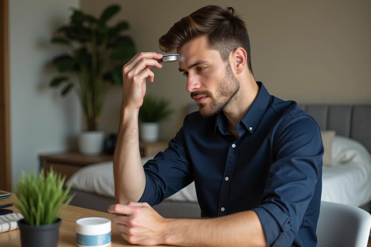 Homme appliquant un gel coiffant en poudre sur cheveux courts avant le travail dans une chambre moderne