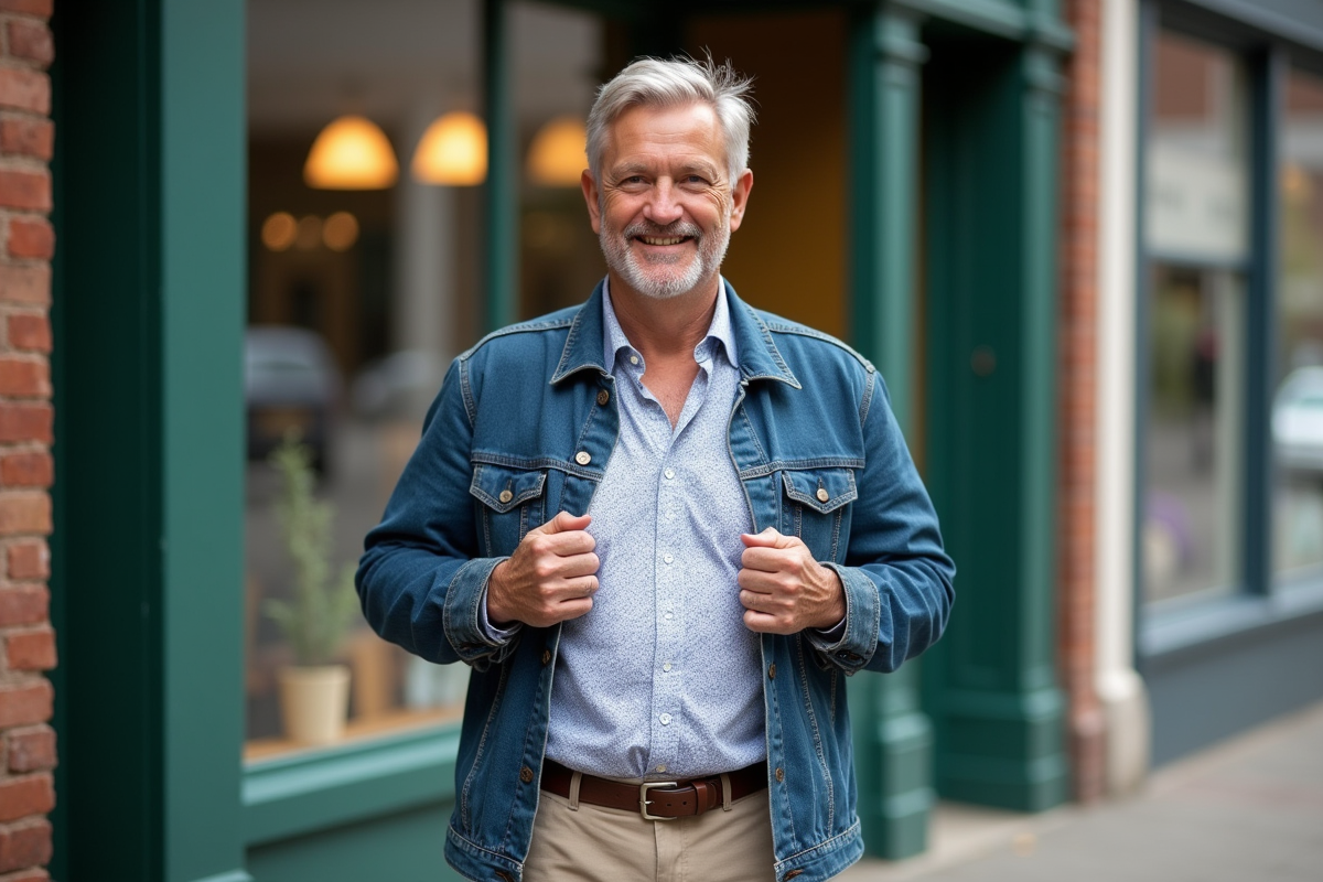 Homme décontracté ajustant sa veste en denim en extérieur