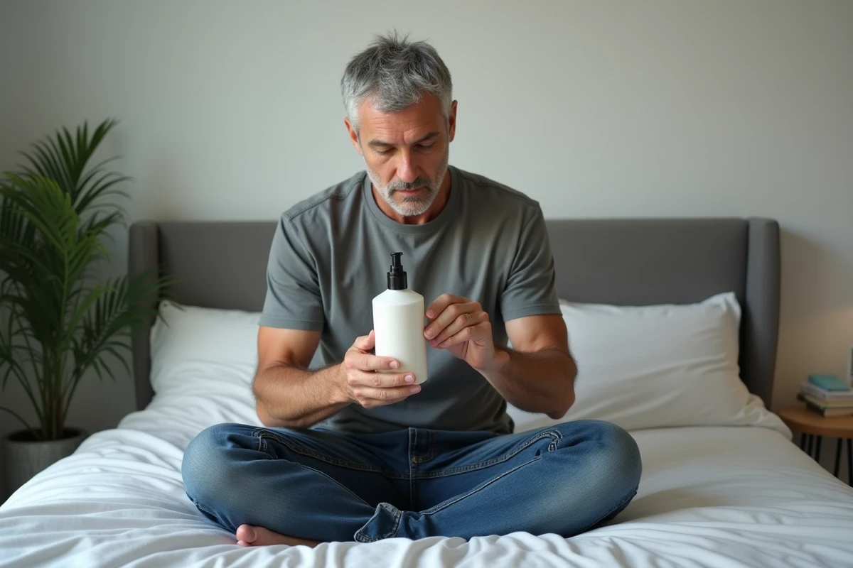 Homme regardant un shampoing sans silicone dans sa chambre